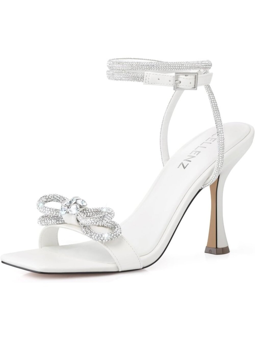 Women's White Bow Heels Sandal Sparkly Kitten Heeled Double knot Open Toe Heel